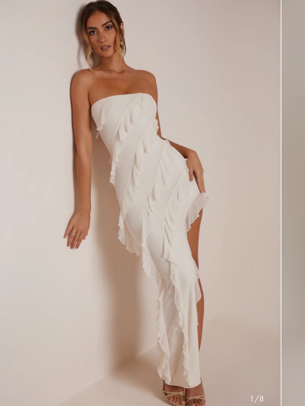 OH POLLY Strapless White Ruffle Asymmetric Maxi Dress